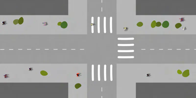 Intersection diagram showing missing pedestrian crossings on some sides, creating unsafe gaps