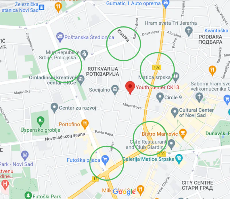 A map of central Novi Sad highlighting five selected areas for city study activities.
